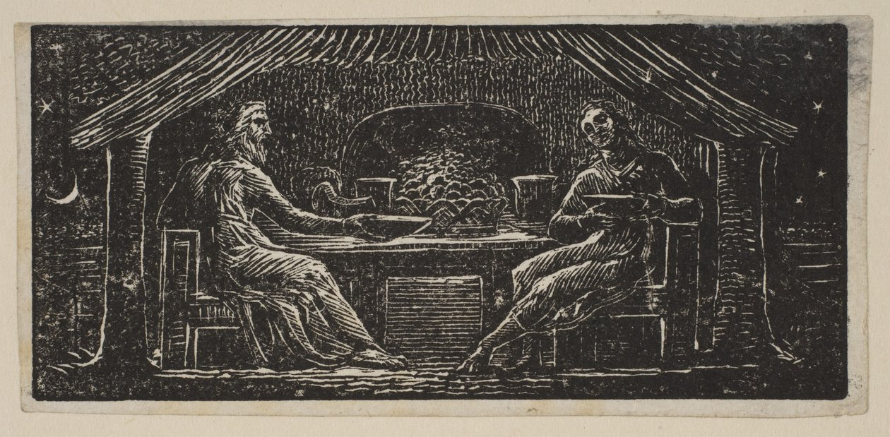 Thenot és Colinet megeszik az esti vacsorát, a Thorntons Pastorals of Vergilből, 1821. alkotó: William Blake