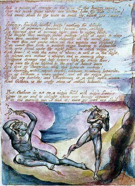 Albion lányainak látomásai: "És az örökkévalóság palotája...", 8. tábla, 1793-ban tervezték, 1815 körül készült el (domborműves rézkarc tollal és akvarellel papíron) alkotó: William Blake