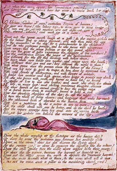 Albion lányainak látomásai: „De amikor felkelt a Hold...”, 7. tábla, 1793-ban tervezték, 1815 körül elkészült (domborműves rézkarc tollal és akvarellel papíron) alkotó: William Blake