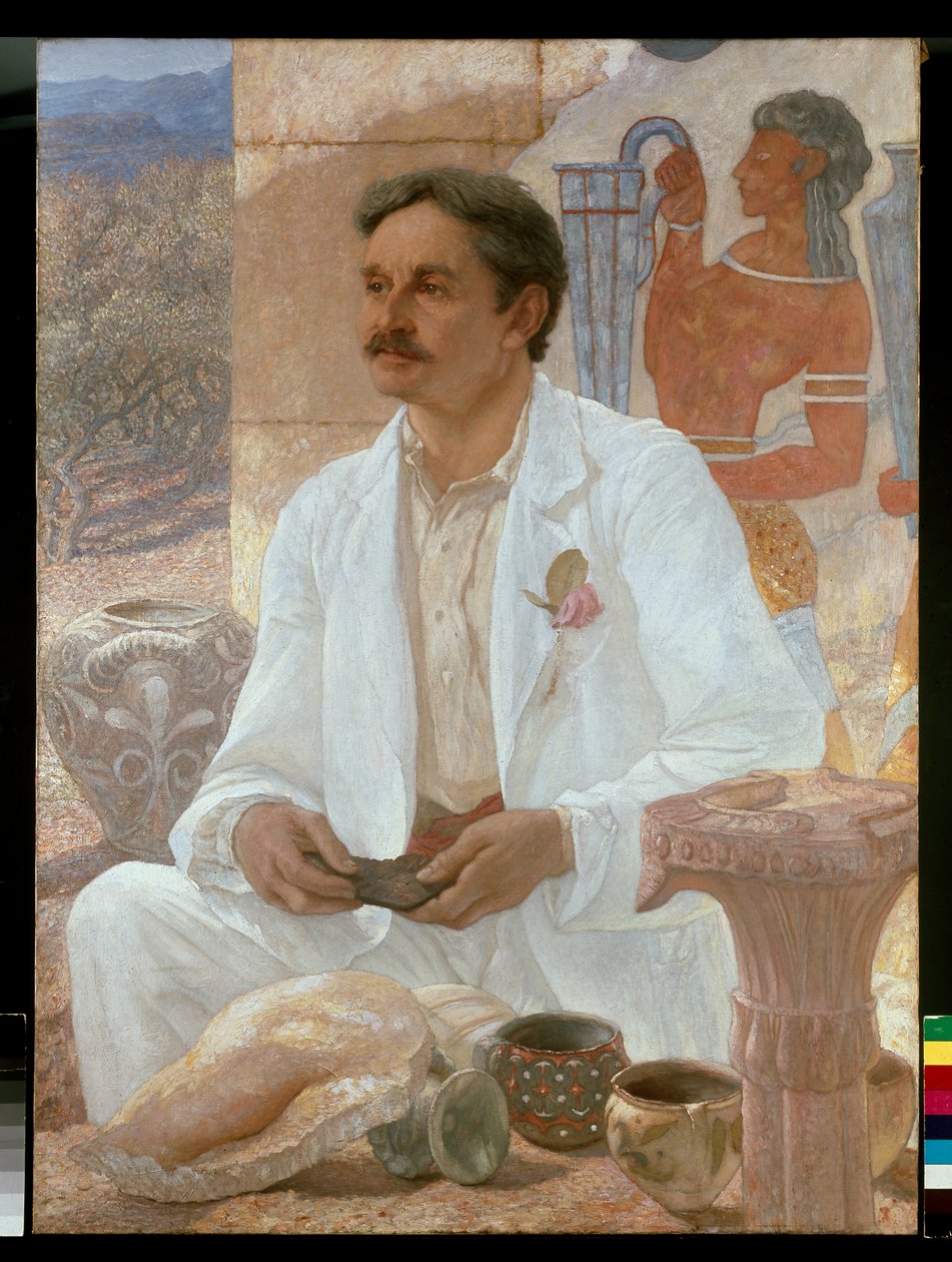 Sir Arthur Evans a knósszosi palota romjai között alkotó: William Blake Richmond