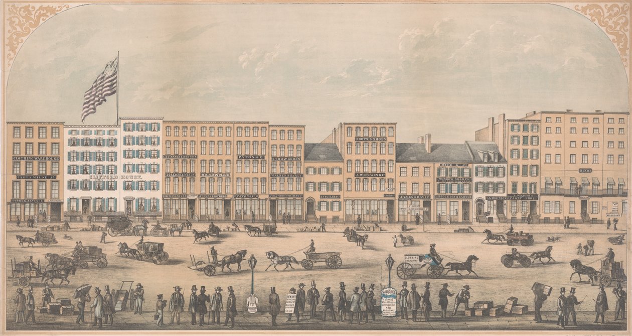 Kilátás a Park Place-re, New York, a Broadway-től a Church Street-ig, North Side, 1854. alkotó: William Boell