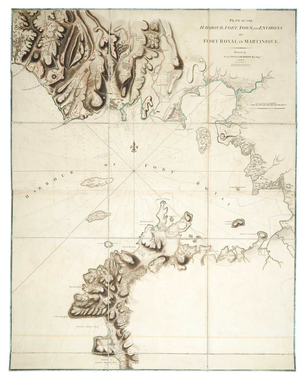 A martinique-i Fort Royal kikötőjének, erődjének, városának és környékének terve alkotó: William Booth