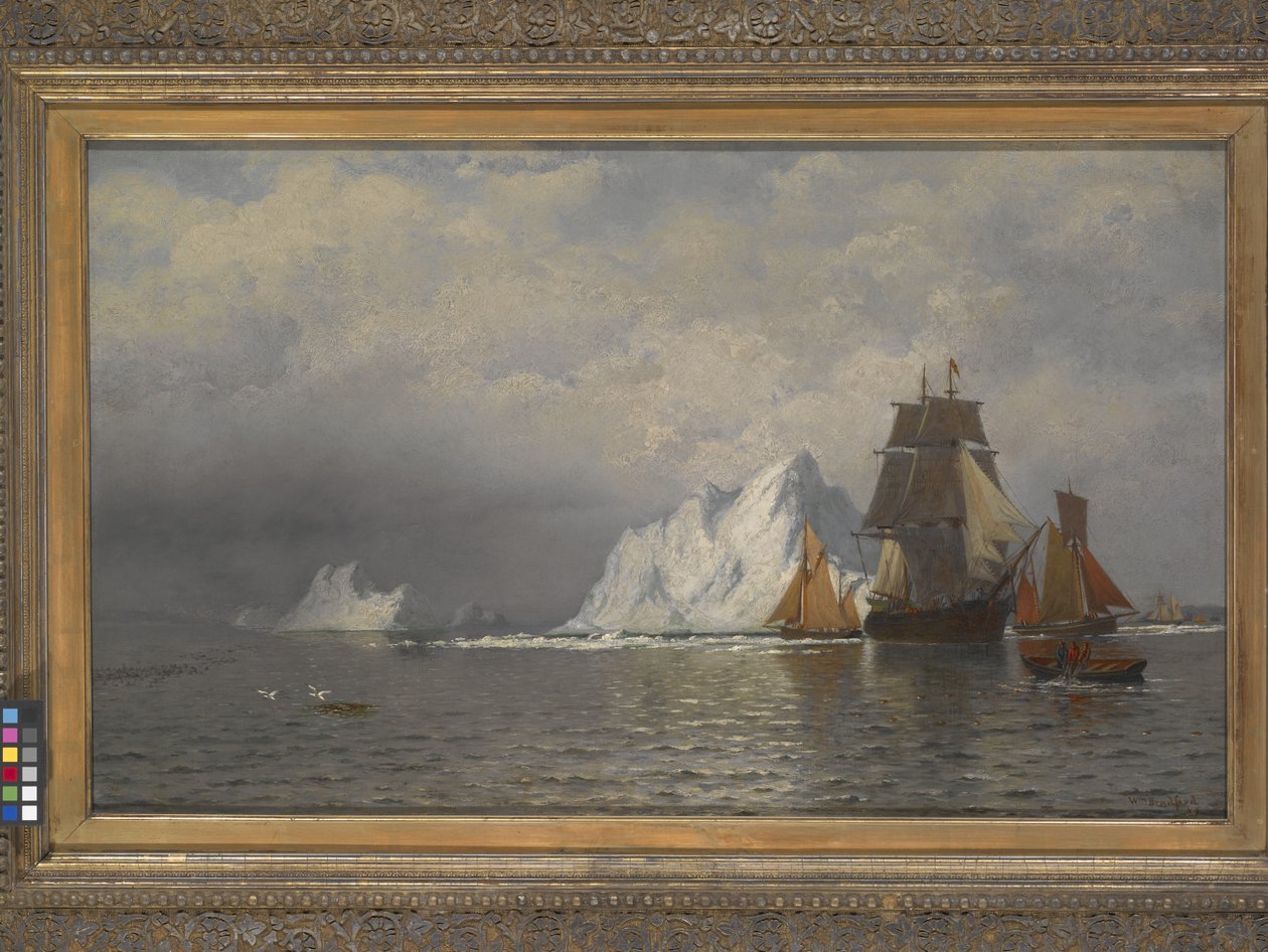 Bálnavadászok és halászhajók Labrador partja közelében (olaj, vászon) alkotó: William Bradford