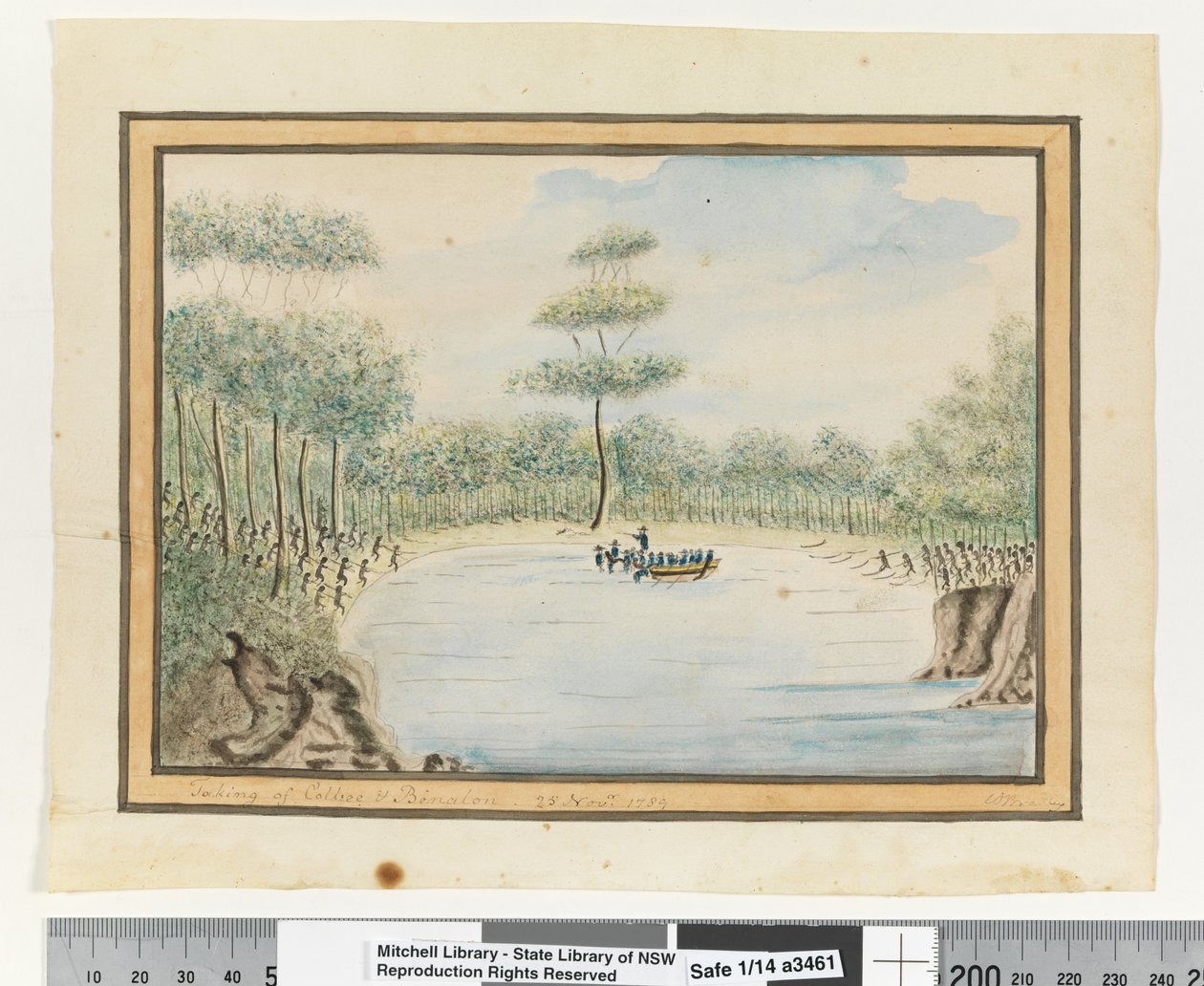 Opp. p. 182. „Colbee és Benalon felvétele. 1789. november 25., 1802 körül (akvarell) alkotó: William Bradley