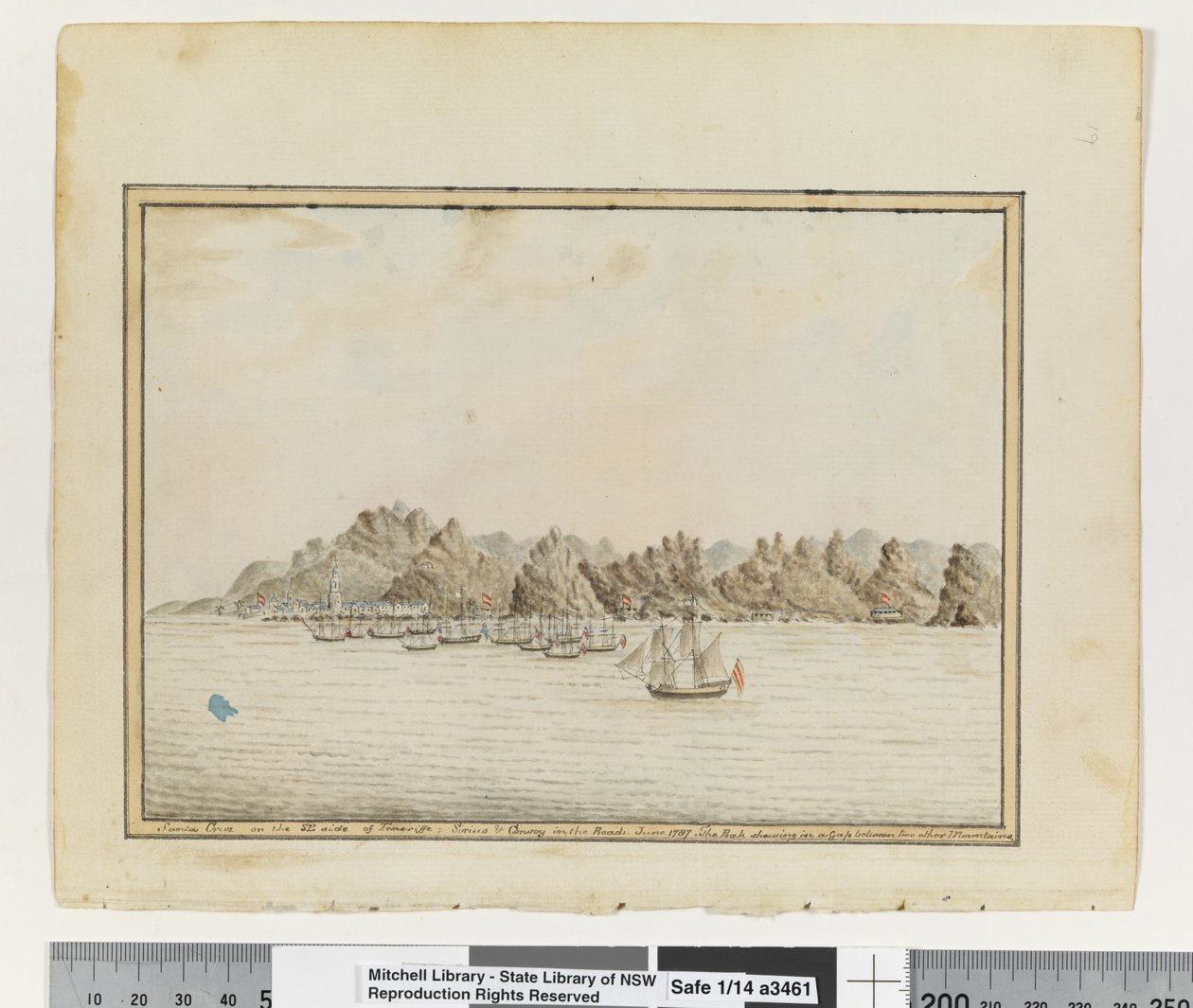 Opp. p. 19. `Santa Cruz Teneriffe DK-i oldalán; Sirius és konvoj az utakon. 1787. június. A csúcs látható résben két másik hegy között, 1802 körül (akvarell) alkotó: William Bradley