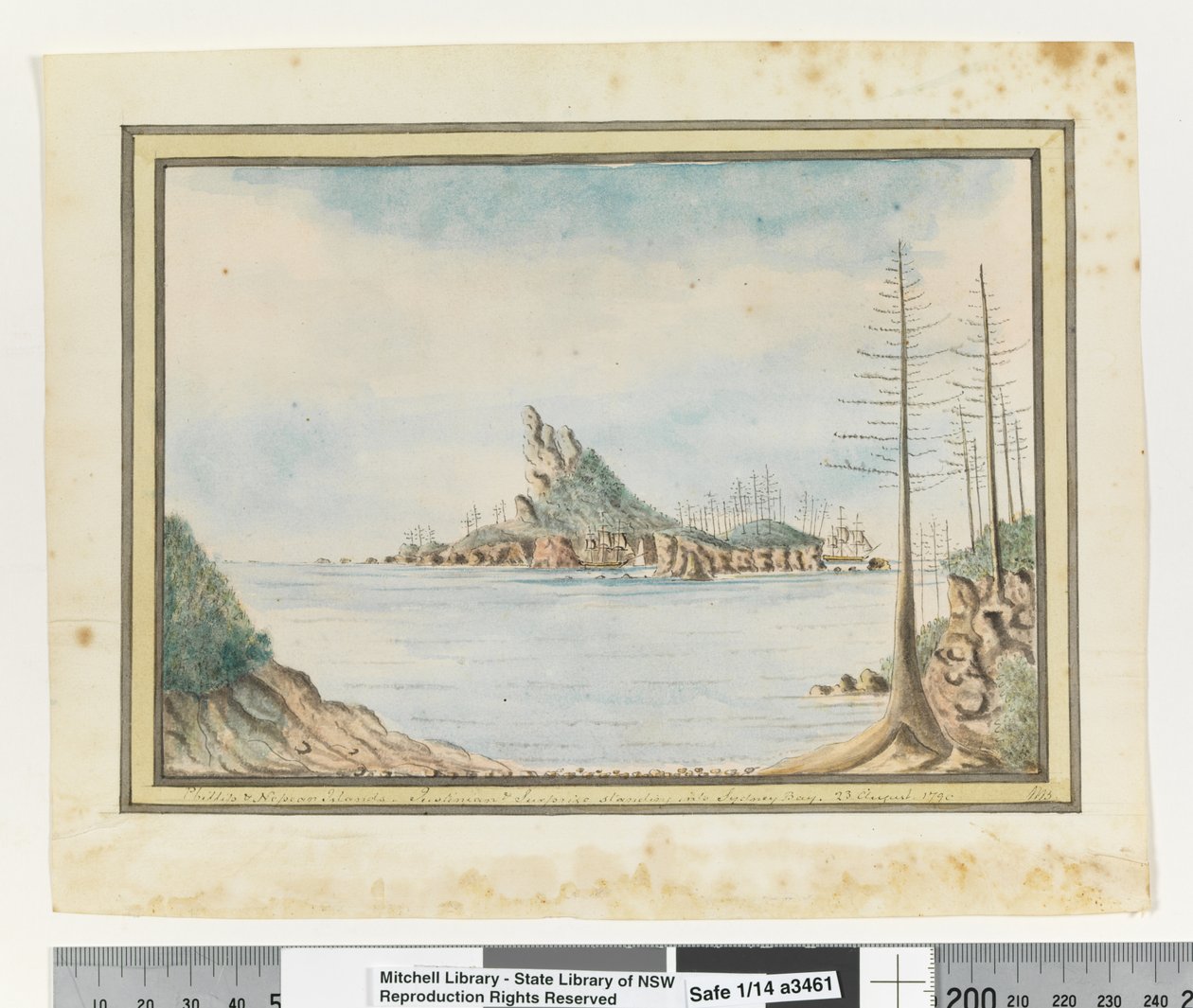 Opp. p. 211. „Fülöp- és Nepean-szigetek. Justinian & Surprise a Sydney-öbölben állva. 1790. augusztus 23., 1802 körül (akvarell) alkotó: William Bradley