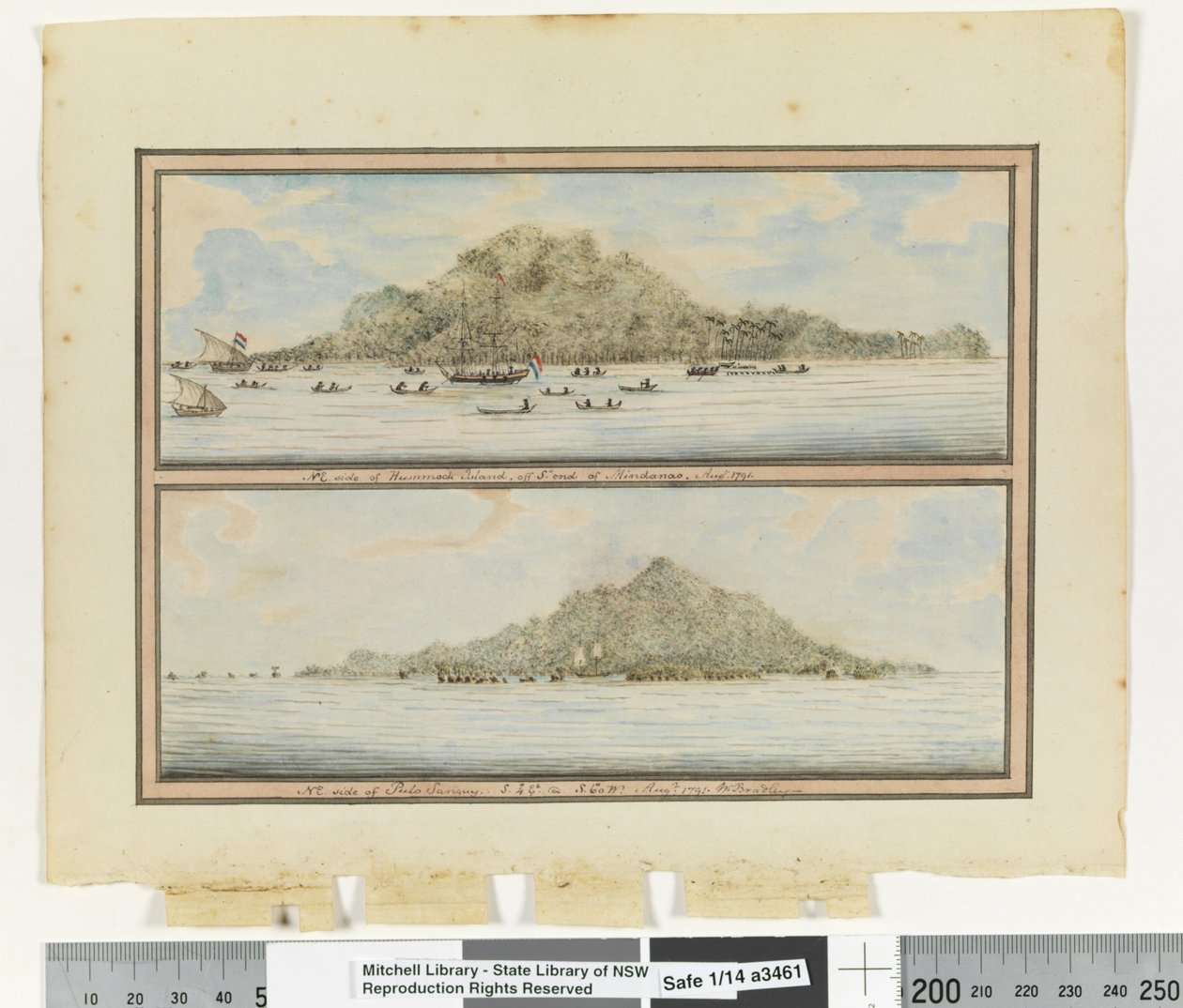 Opp. p. 276. „É. Hummock Island oldalán, Mindanoo Sn végén. 1791. augusztus” és „ÉK. Pulo Sanguy oldalán. D. 4° Et D. 60° Ny. 1791. augusztus, 1802 körül (akvarell) alkotó: William Bradley