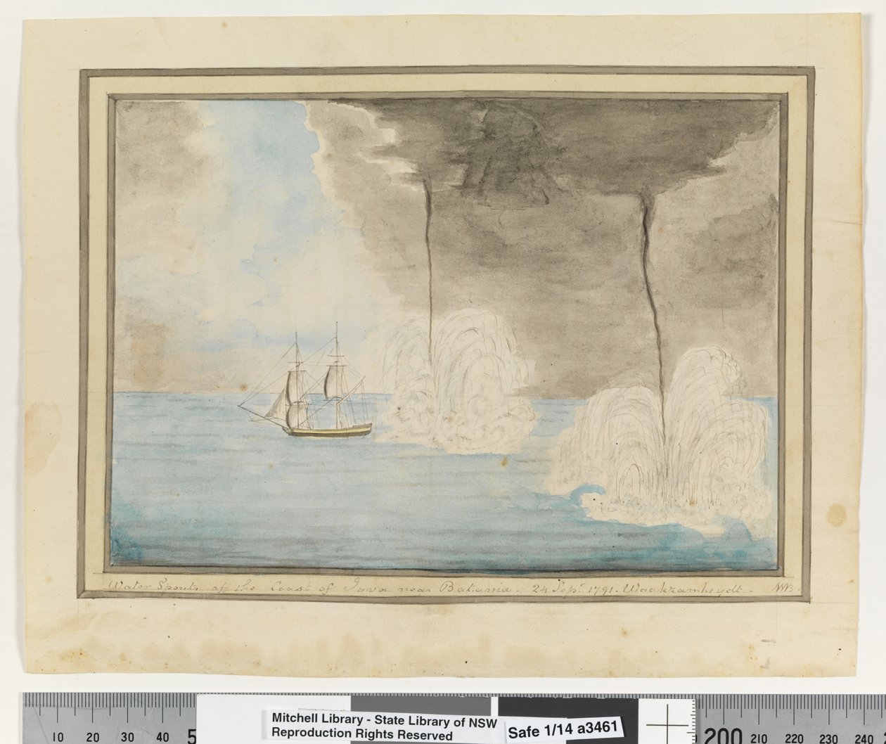 Opp. p. 290. „A víz kifolyik Jáva partjainál Batavaia közelében. 1791. szeptember 24. Waakzamheydt, 1802 körül (akvarell) alkotó: William Bradley