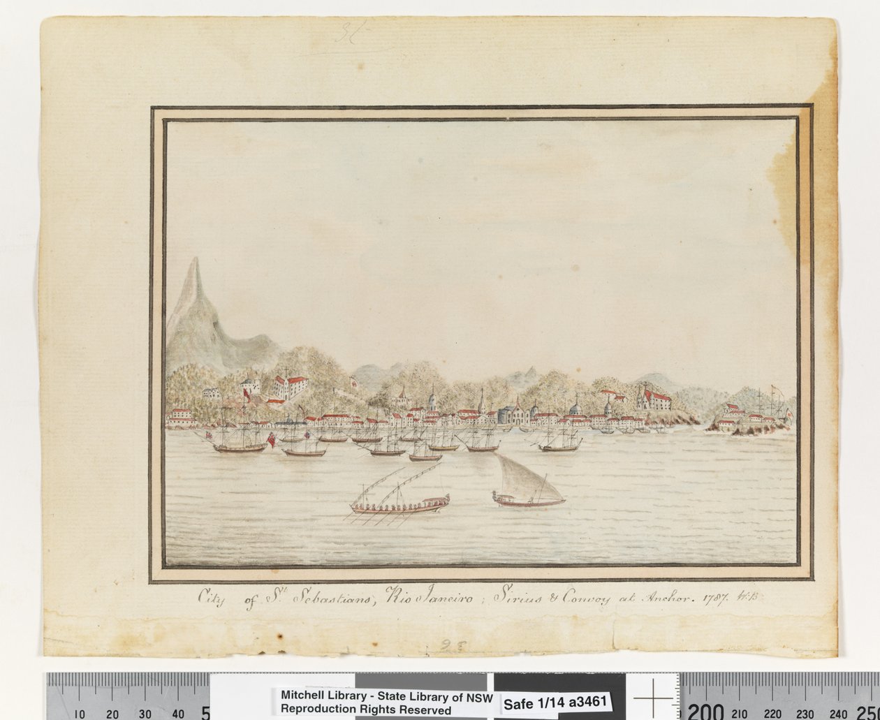 Opp. p. 37. `St. Sebastians városa, Rio Janeiro: Sirius & Convoy at Anchor. 1787