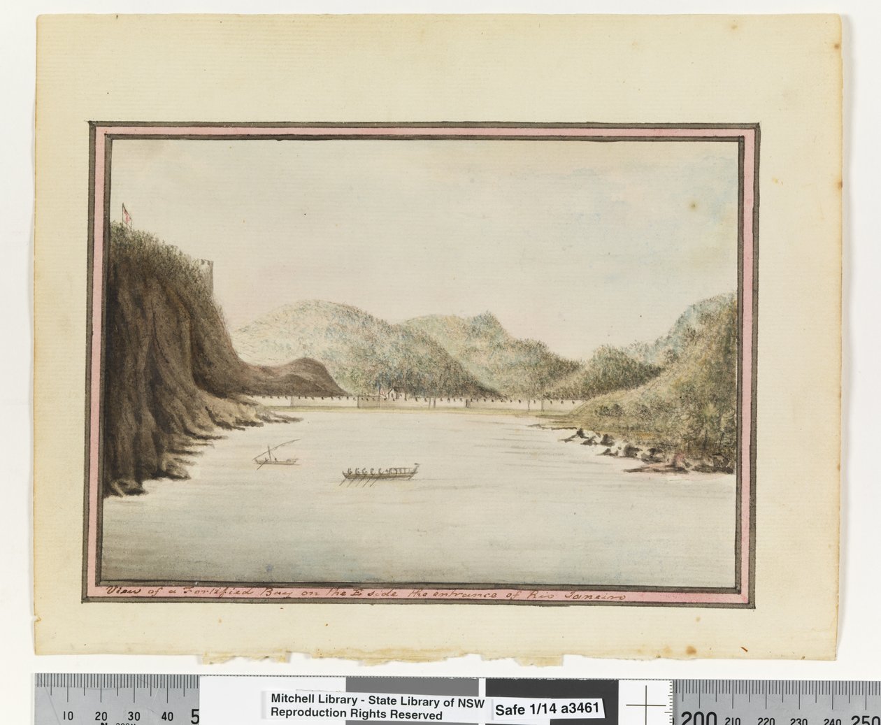 Opp. p. 39. „Kilátás egy megerősített öbölre Rio Janeiro bejáratának keleti oldalán”, 1802 körül (akvarell) alkotó: William Bradley