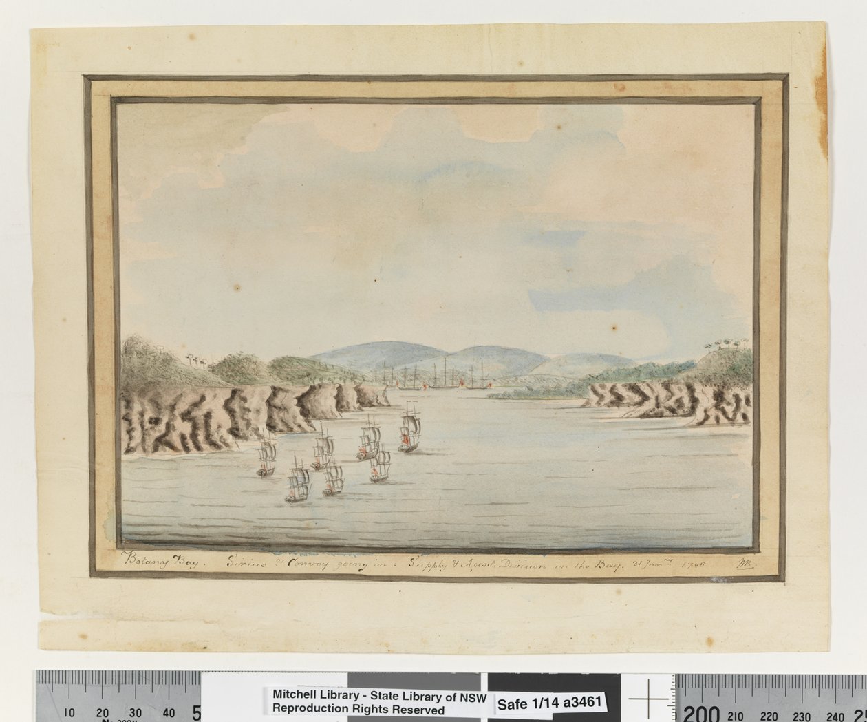 Opp. p. 56. `Botany Bay. A Sirius & Convoy beszáll: Ellátási és Ügynöki osztály az öbölben. 1788. január 21., 1802 körül (akvarell) alkotó: William Bradley