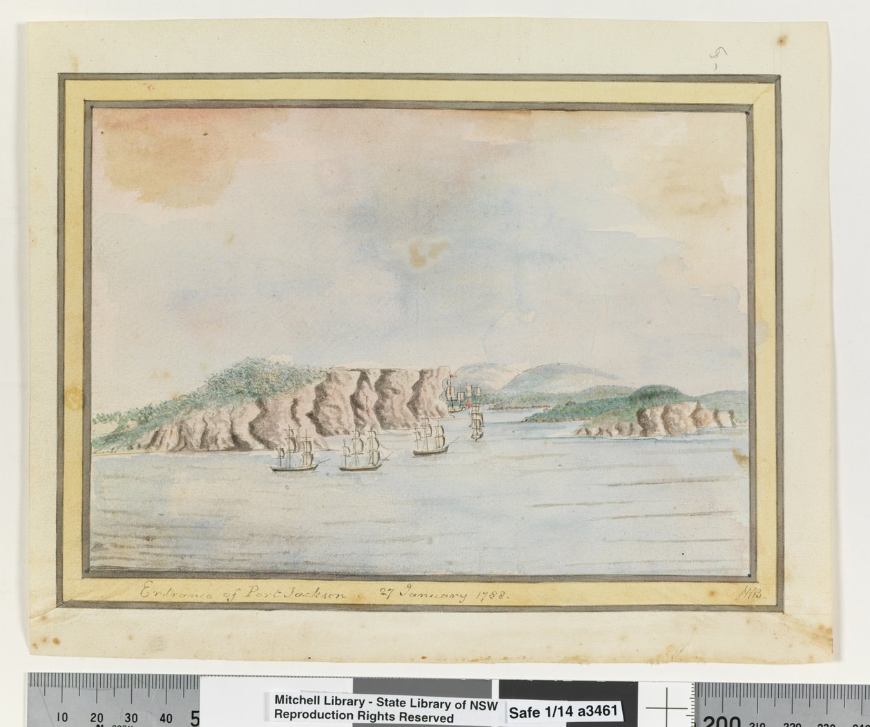 Opp. p. 65. „Port Jackson bejárata, 1788. január 27.”, 1802 körül (akvarell) alkotó: William Bradley
