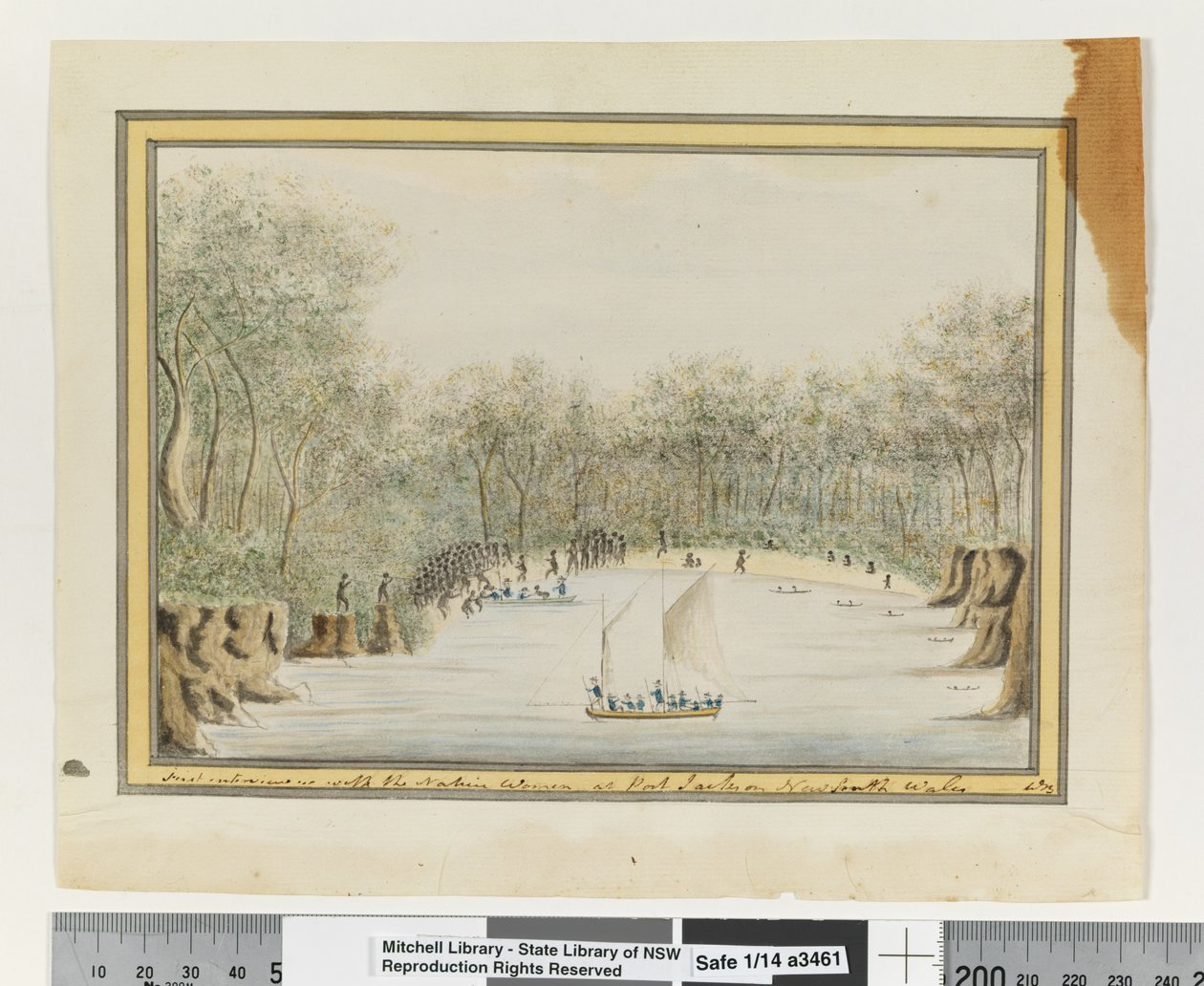 Opp. p. 70. "Első interjú a bennszülött nőkkel Port Jackson New South Walesben", 1802 körül (akvarell) alkotó: William Bradley