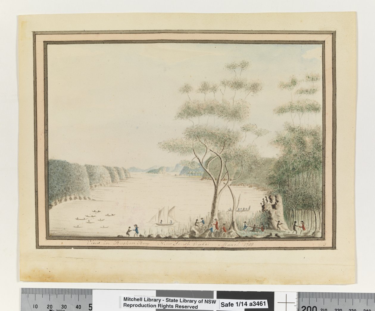 Opp. p. 90. `Nézet a Broken Bay-ben, Új-Dél-Walesben. 1788. március, 1802 körül (akvarell) alkotó: William Bradley