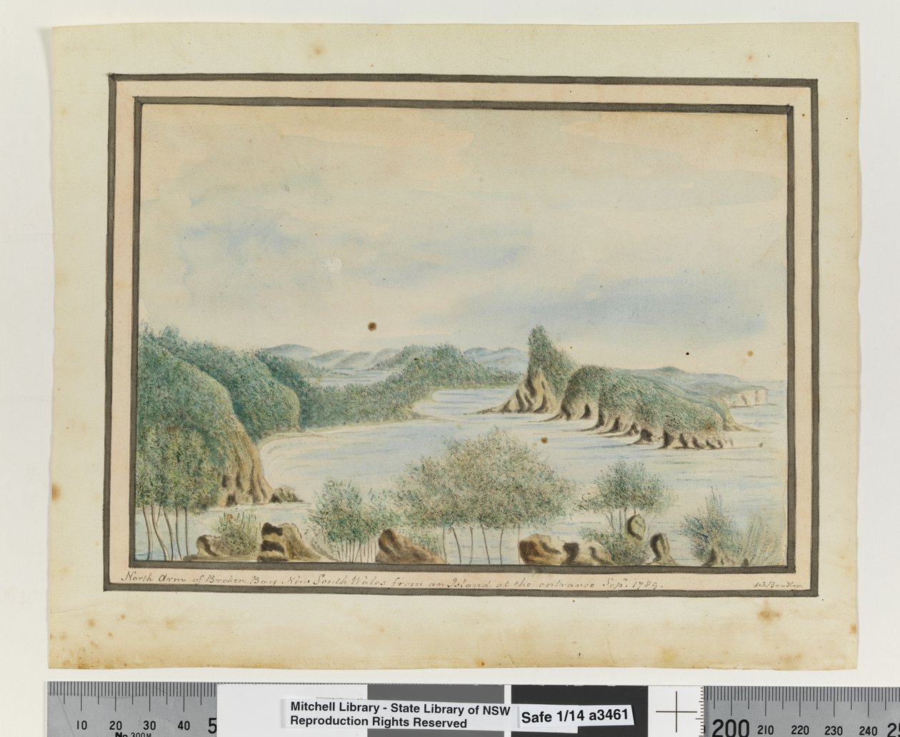 Opp. p. 92. "Broken Bay New South Wales északi ága egy szigetről az 1789. szept. bejáratánál", 1802 körül (akvarell) alkotó: William Bradley