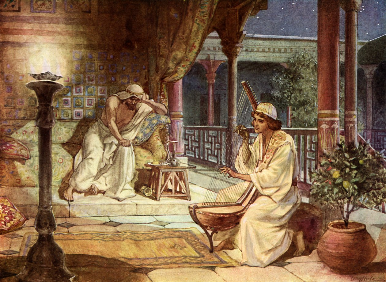Dávid hárfán játszik Saulnak, - Biblia alkotó: William Brassey Hole