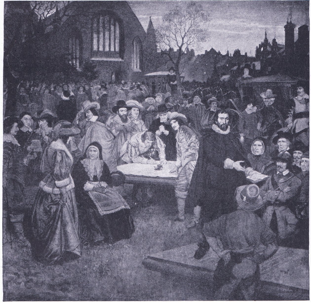 A Nemzeti Egyezségokmány aláírása Greyfriars Churchyardban 1638, Cassells History of the British People, a Waverley Book Company Limited kiadásában, 1940 körül alkotó: William Brassey Hole
