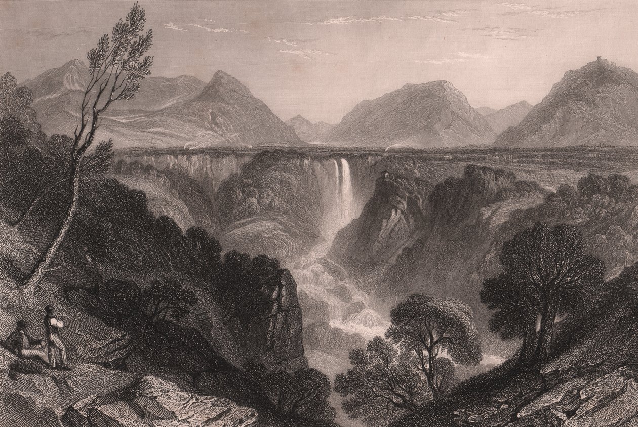 Kilátás a Marmore-vízesésre (Cascata delle Marmore) Terni közelében, Umbria, Olaszország, James Tibbitts Willmore (1800-1863) acélmetszete William Brockedon (1787-1854) rajza alapján, kb. 23x18,5 cm alkotó: William Brockedon