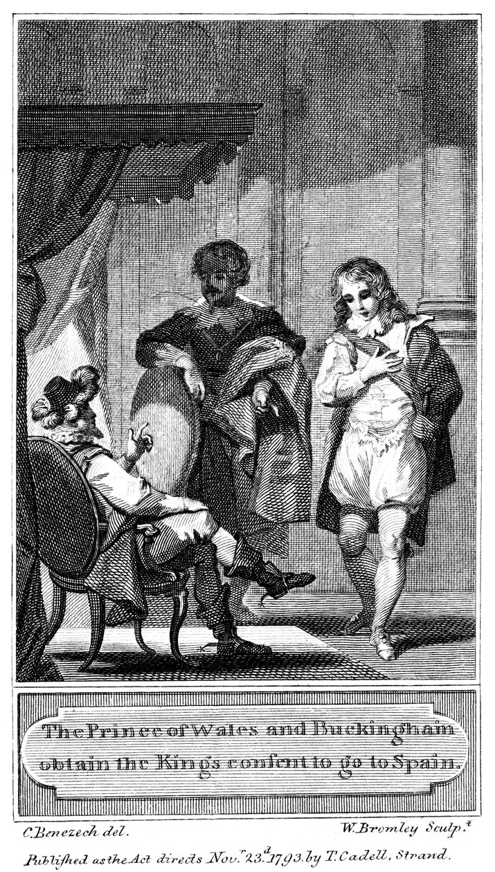 A walesi herceg és Buckingham megszerzik a királyok beleegyezését, hogy Spanyolországba menjenek 1793-ban alkotó: William Bromley