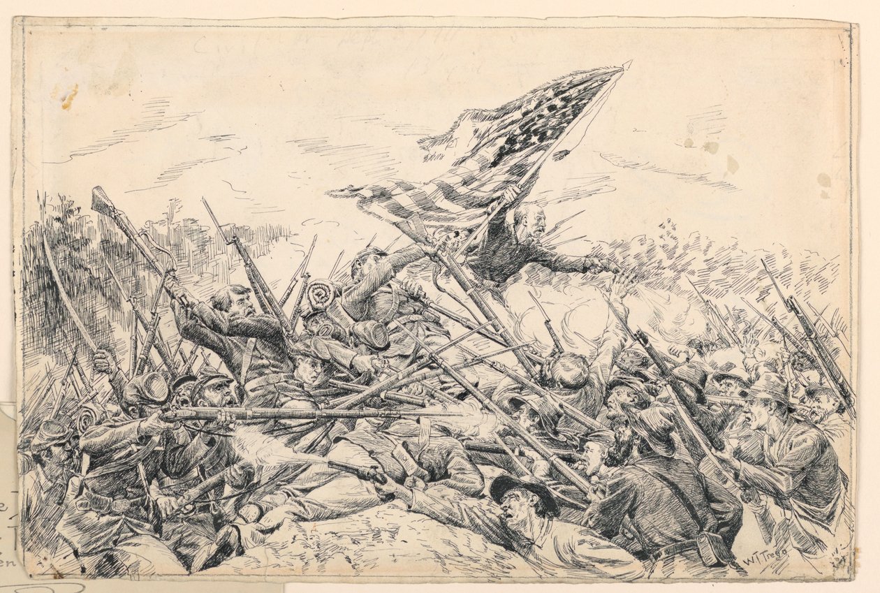 Rajz, Hancock hadtestének támadása a "Véres szögnél", 1887. alkotó: William Brooke Thomas Trego