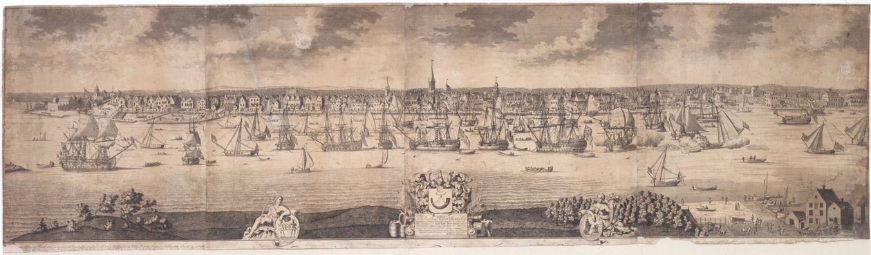 A Ye Flourishing City of New York déli kilátása az amerikai New York tartományban, John Harris metszetével, 1717-18 alkotó: William Burgis