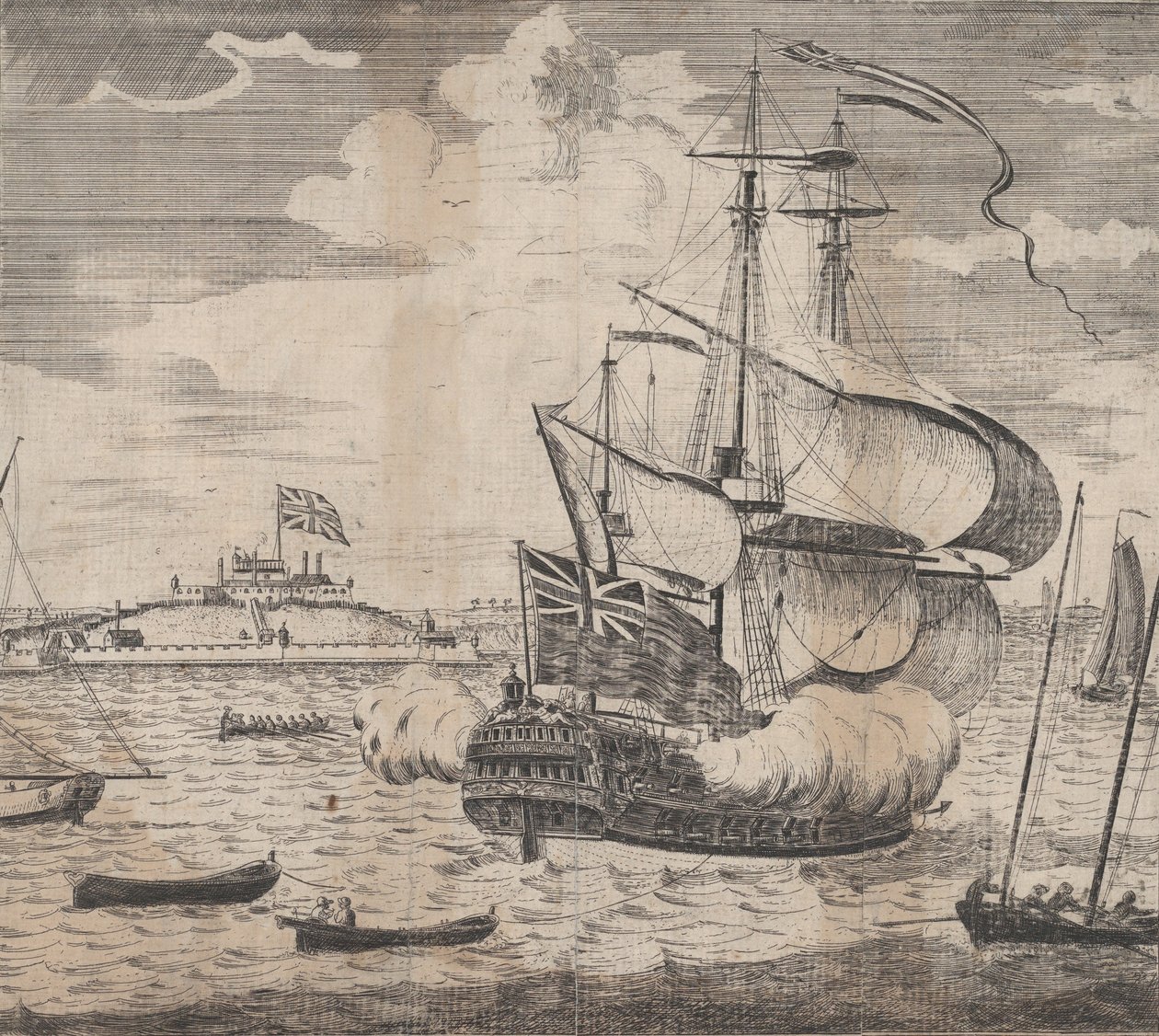 Egy kilátás a William-kastélyra Bostonban, New Englandben, 18. század elején. alkotó: William Burgis.