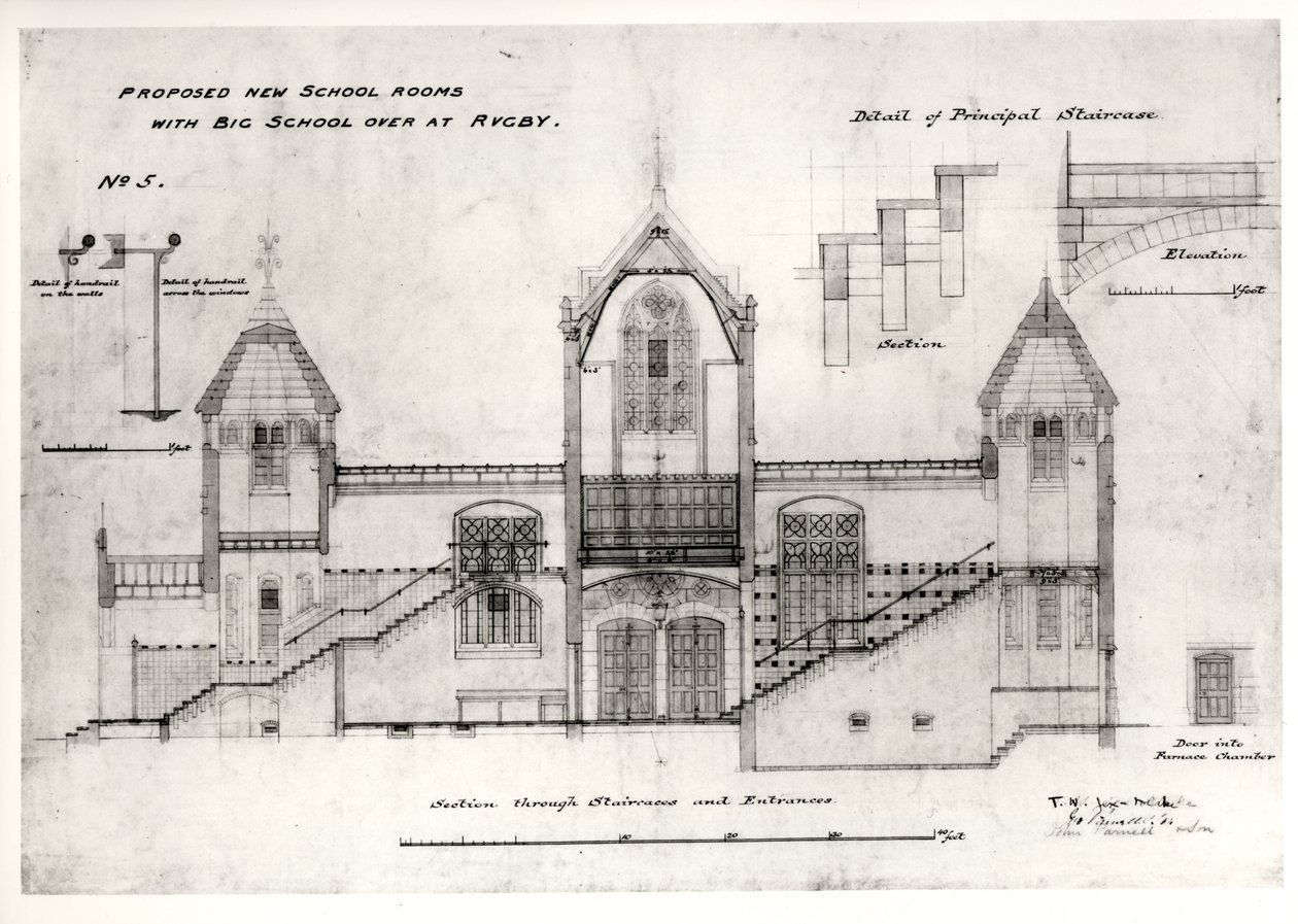 Részletek a bejáratokról, lépcsőkről, kemencekamra ajtajáról és kapaszkodóiról, (New Big School), Rugby School, 1844 (fekete tinta, ceruza és WC) alkotó: William Butterfield