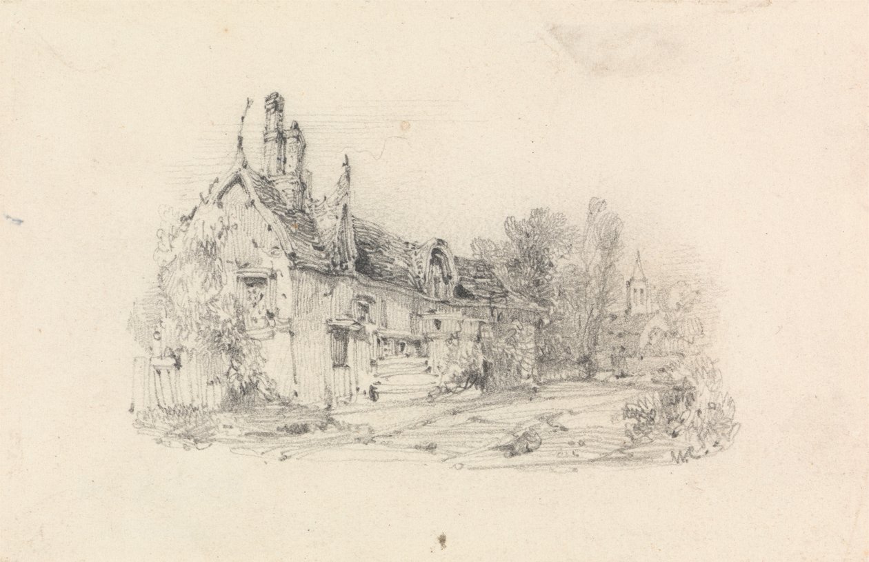 Parasztház templommal a távolban alkotó: William Callow
