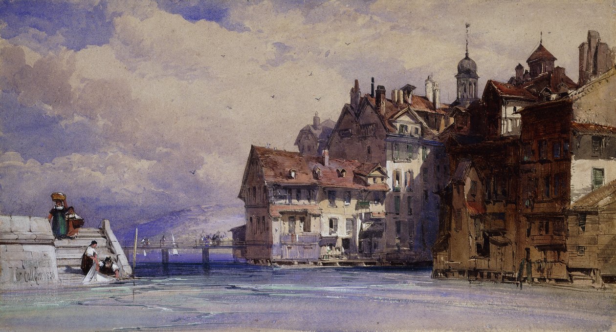 Régi házak a Rhone-parton Genfben, 1856 alkotó: William Callow