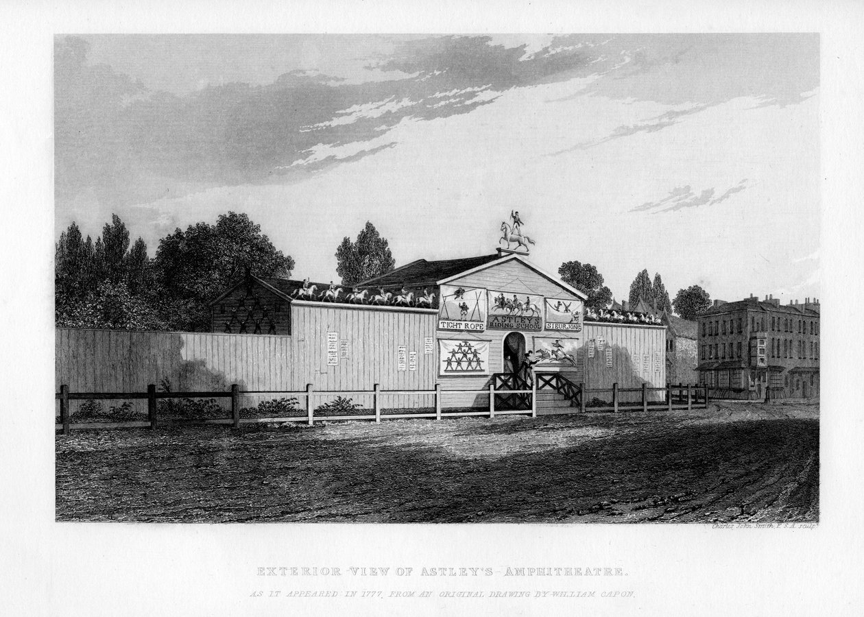 A londoni Astleys Amfiteátrum külső képe, 1777-ben, 1840-ben alkotó: William Capon