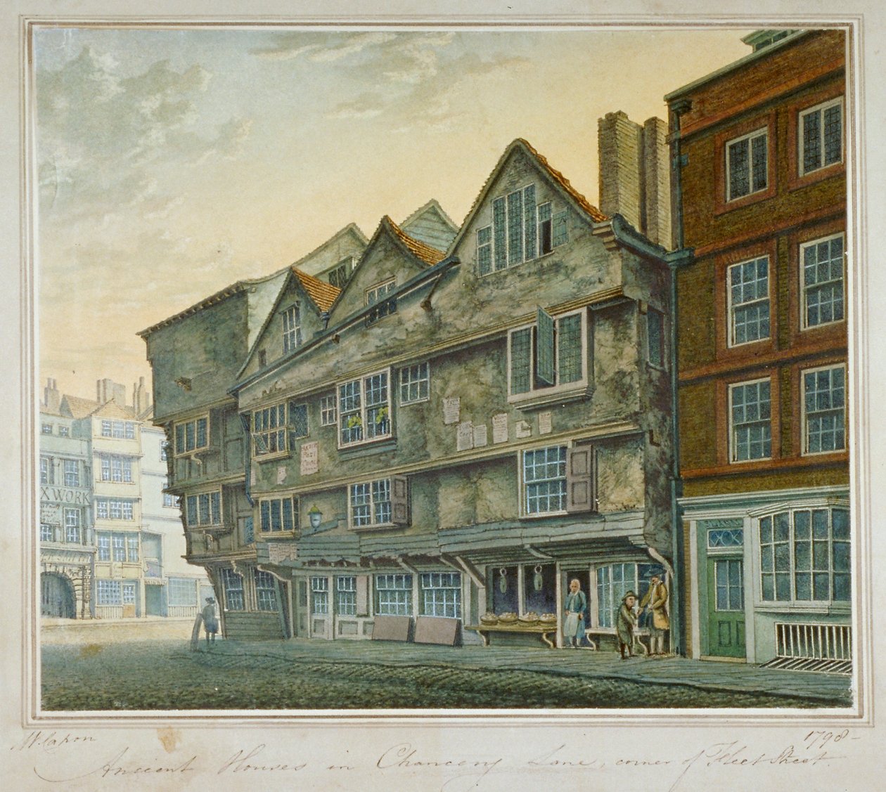 Házak a Chancery Lane és a Fleet Street sarkán, City of London, 1798 alkotó: William Capon