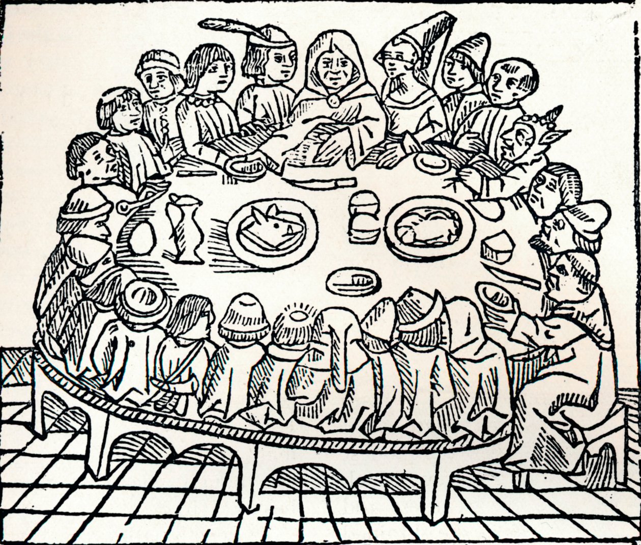 A canterburyi zarándokok leülnek egy közös étkezésre, 1485 alkotó: William Caxton