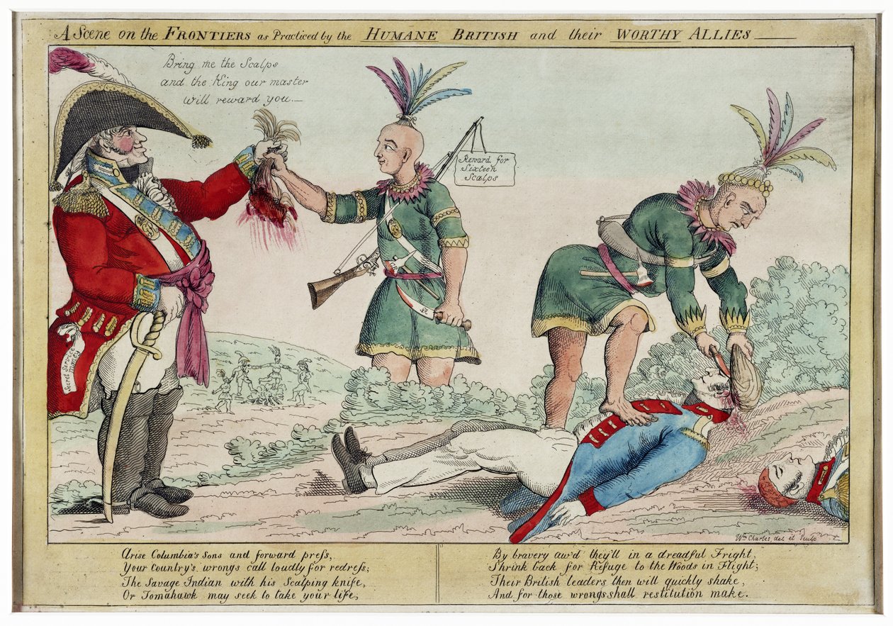 Egy jelenet a határvidéken, ahogyan azt az emberséges britek és méltó szövetségeseik gyakorolják, kiad. 1812 (kézi színes metszet) alkotó: William Charles