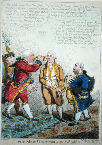 Az új miniszter vagy úgy, ahogy kell, megjelent 1806 februárjában (színes metszet) alkotó: William Charles
