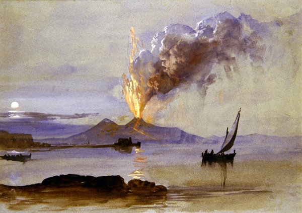 A Vezúv kitörése (akvarell és testfesték kék papíron) alkotó: Clarkson Frederick Stanfield