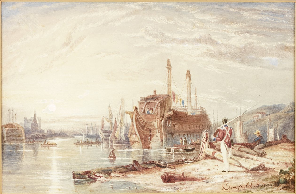 Hulk Falmouth Harborban (akvarell (fehérrel kiemelve) papíron) alkotó: Clarkson Frederick Stanfield