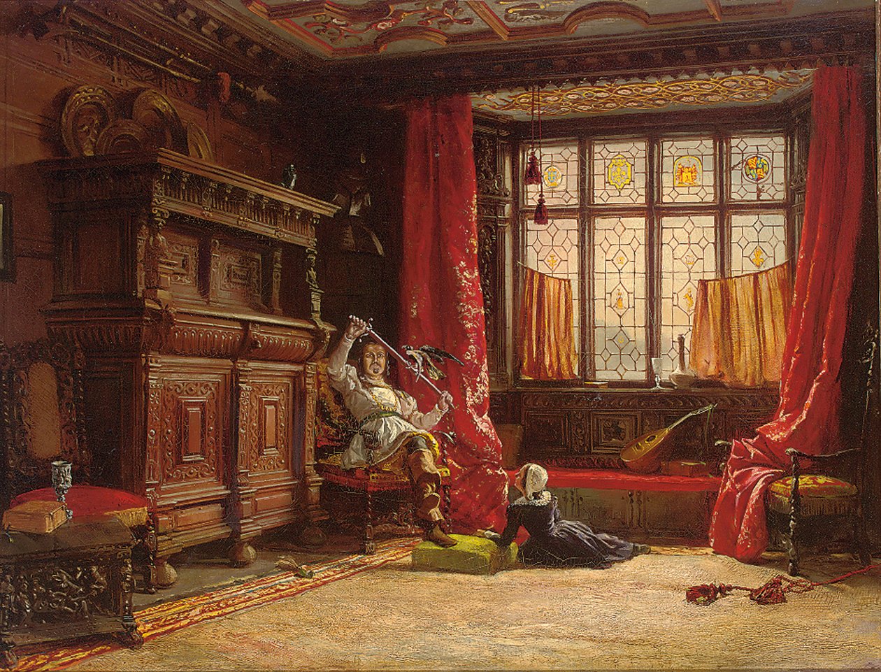 Egy lovas sötét belsőben, madár a kardján, 1843 alkotó: William Collingwood