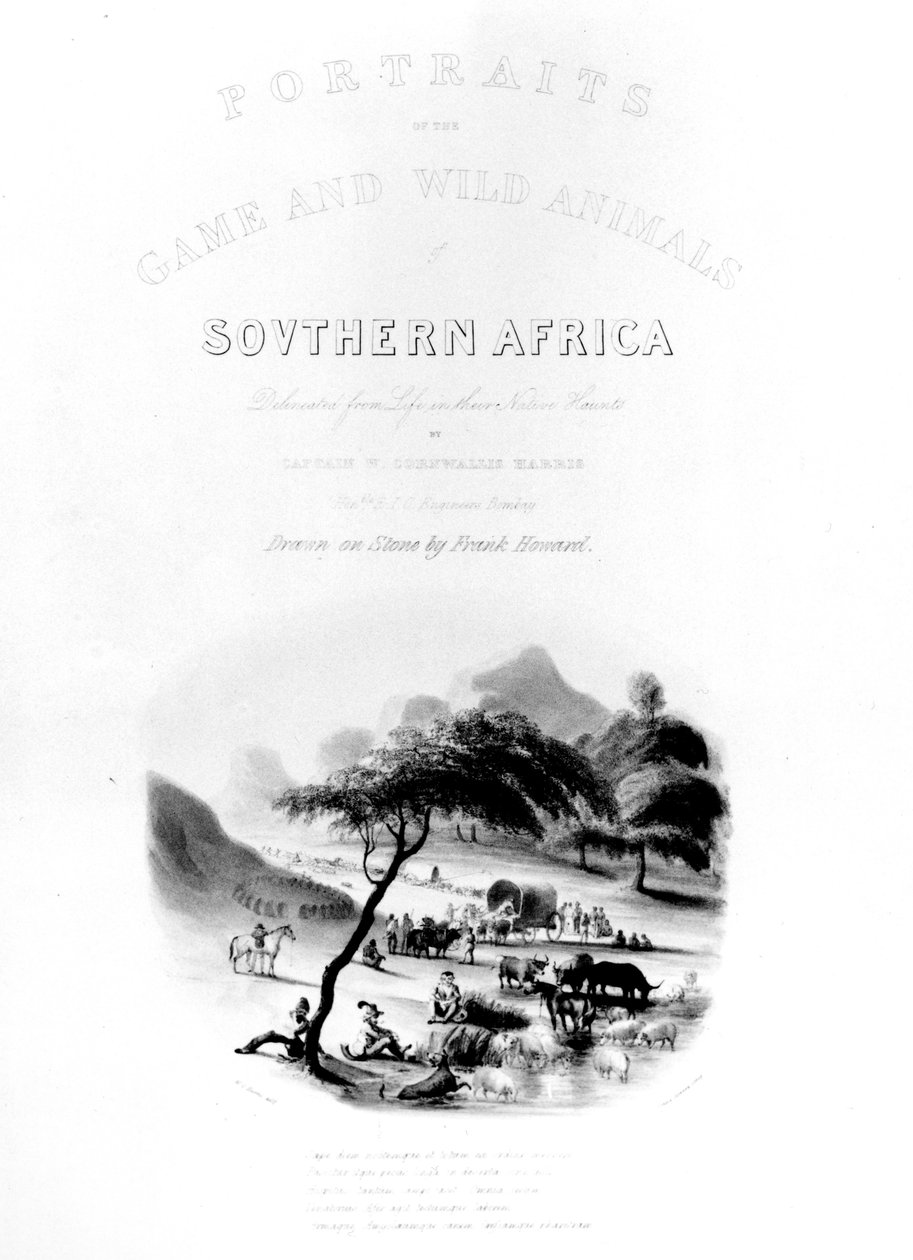 Harris „Portrék vagy a játék és a vadon élő állatok Dél-Afrika” címlapja, Frank Howard metszete, 1840. alkotó: William Cornwallis Harris