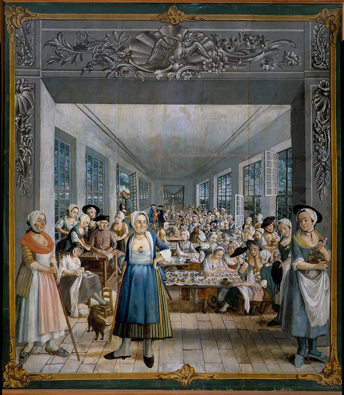 Wetter Brothers indiai szövetgyár: Joseph Gabriel Rossetti munkásműhelyi festménye (XVIII. század). 1764 Orange, Musee Municipal – Wetter testvéreinek indiai szövetének gyártása: a női munkásműhely. Joseph Gabriel Ross festménye alkotó: William Crawford