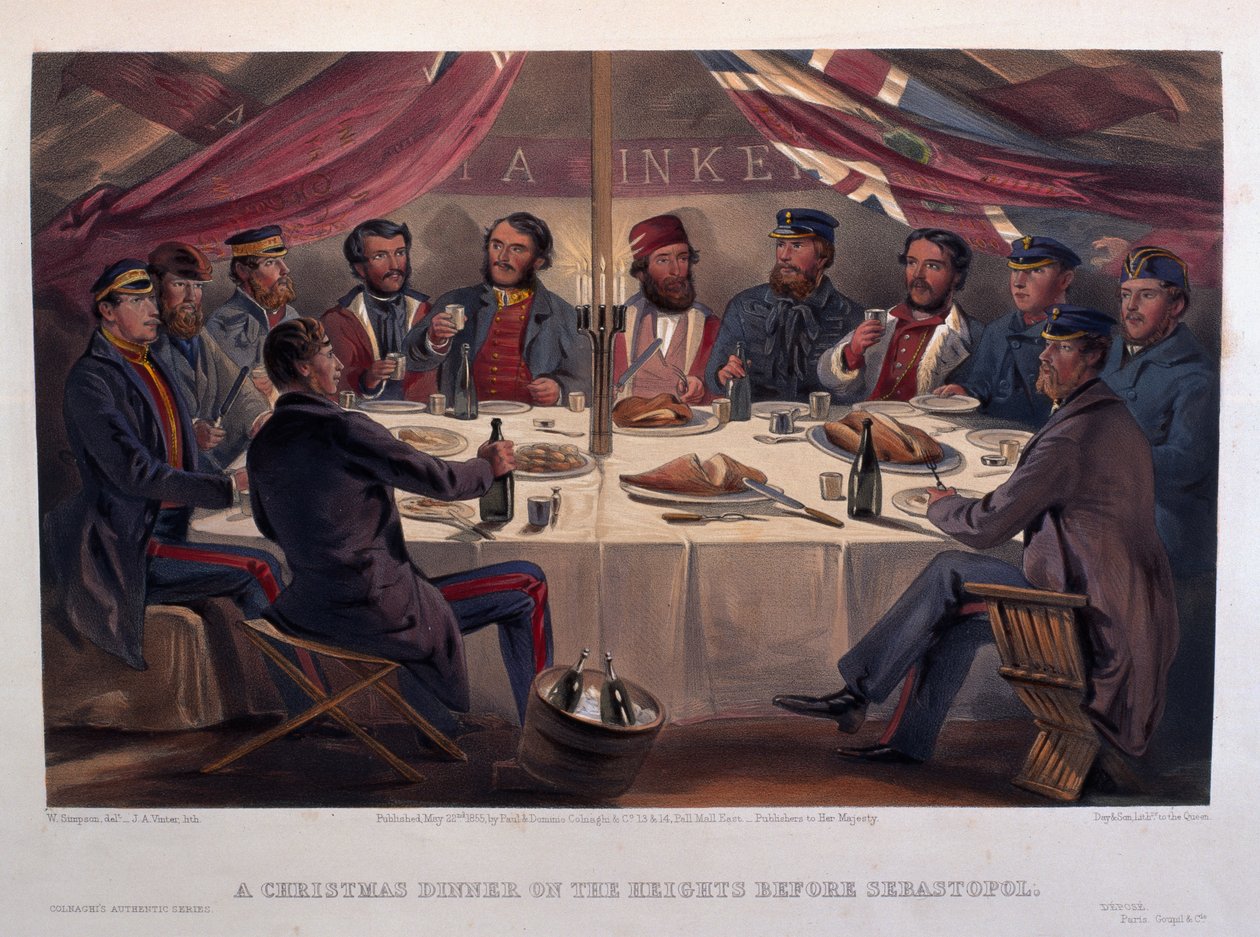 Karácsonyi vacsora a Sebastopol előtti magaslatokon, metszett J.A. Vinter, „A háború székhelye keleten – első sorozatból”, kiadó: Colnaghi und Co., 1855 alkotó: William Crimea Simpson