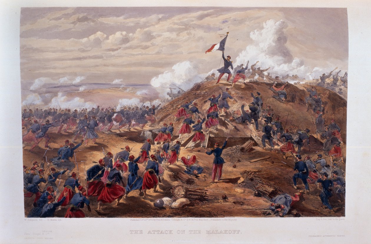 Támadás a Malakoff ellen, Edmond Morin (1824-82) metszete a „A háború székhelye keleten – második sorozatból”, a Colnaghi und Co., 1855. alkotó: William Crimea Simpson