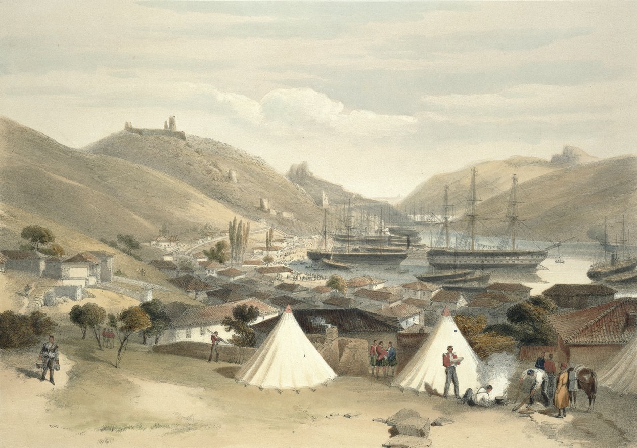 Balaklava, a tenger felé tekintve, a "The Seat of War in the East" (A háború székhelye keleten) című képből, 1856. alkotó: William Crimea Simpson