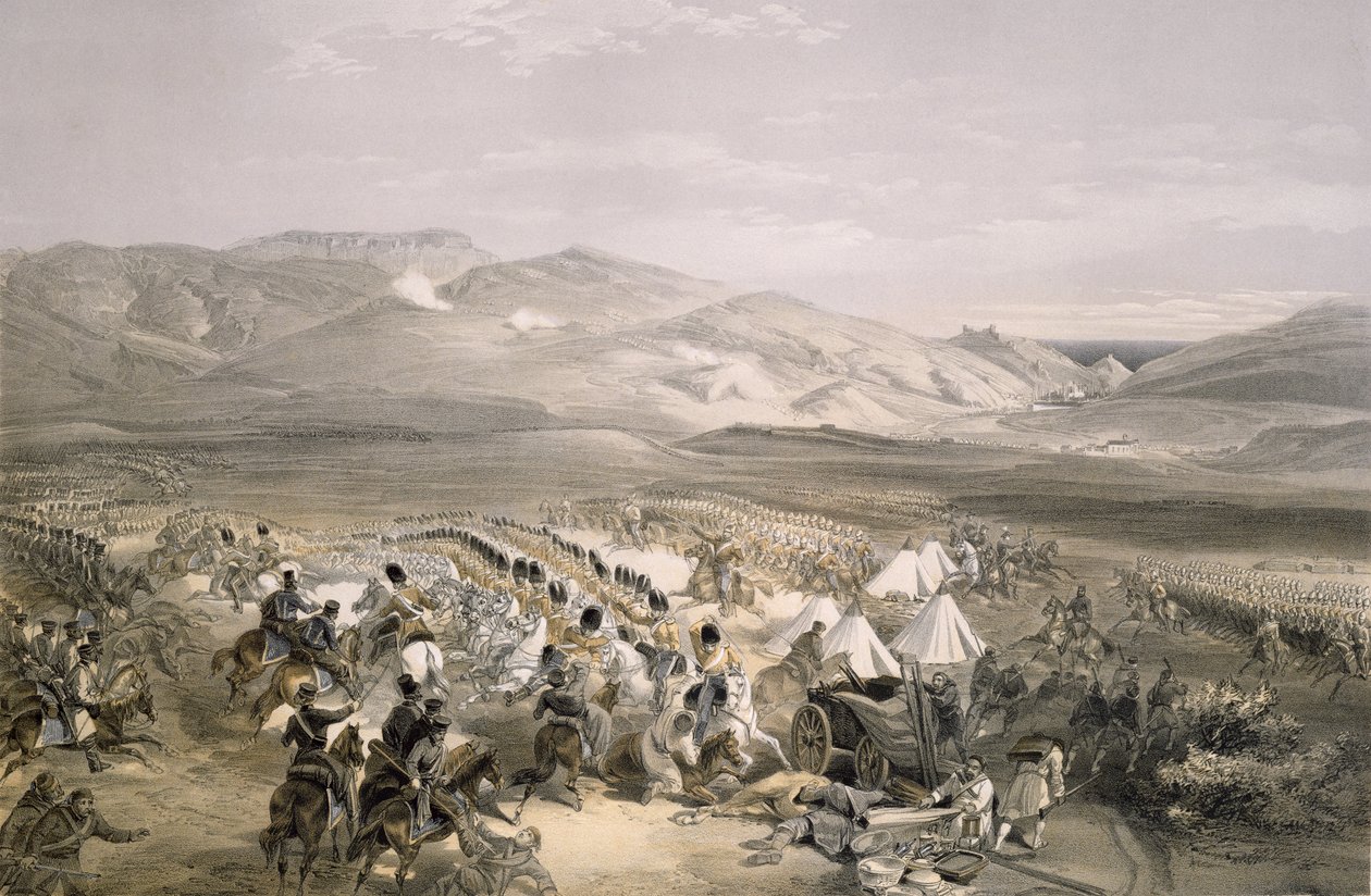 A nehézlovassági dandár rohamai a balaklavai csatában 1854. október 25-én, metszet: E. Walker, pub. 1855 alkotó: William Crimea Simpson