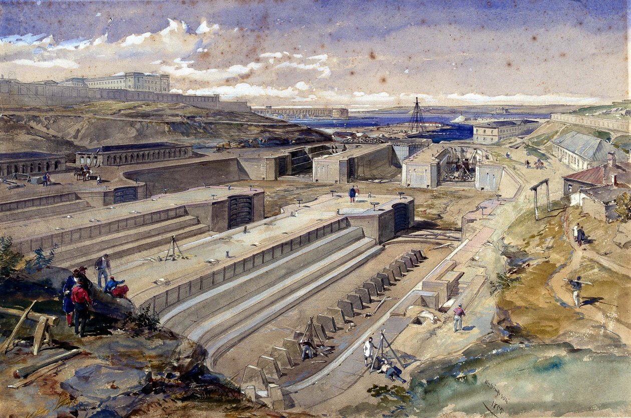 Sebastopol dokkjai a Szent Pál-erőd romjaival, 1855 alkotó: William Crimea Simpson
