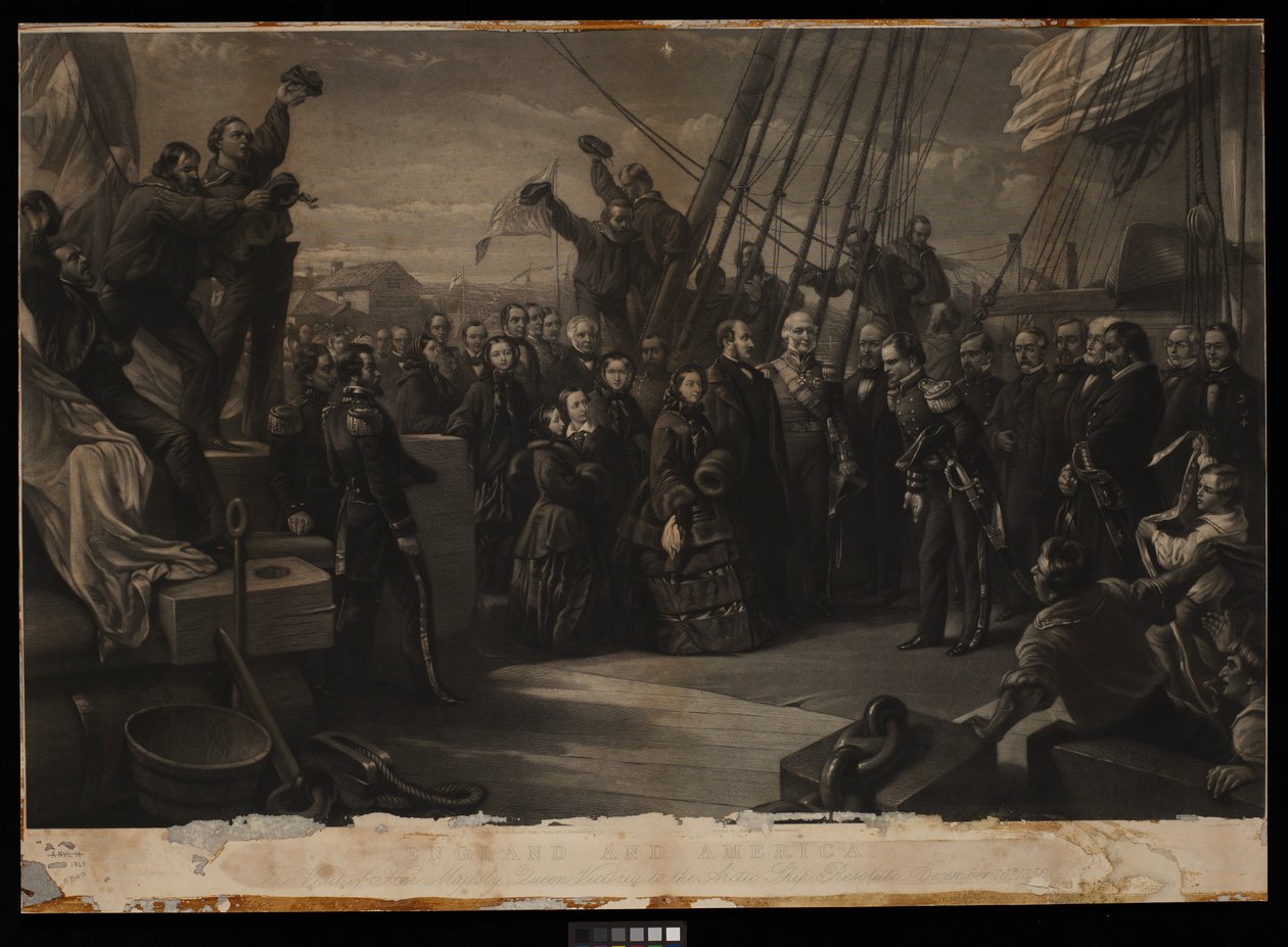 Anglia és Amerika. Őfelsége Viktória királynő látogatása a Resolute sarkvidéki hajón 1856. december 16., 1859 körül (metszet, stipple, tábla). alkotó: William 
