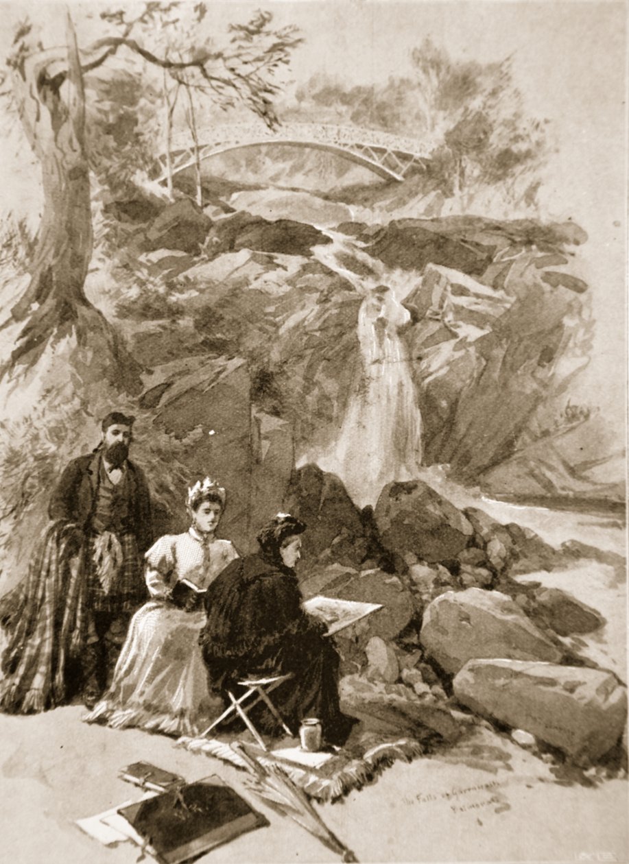 Viktória királynő, mint művész: Őfelsége a Garrawalt-vízesést vázolja, Braemar alkotó: William Crimea Simpson