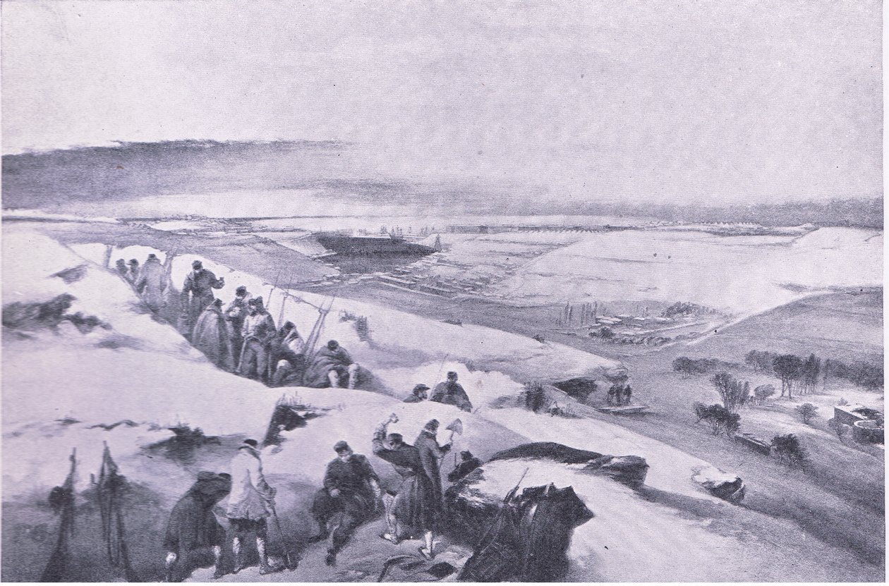 Szevasztopol a francia támadás jobb szélső ütegéből, illusztráció a brit szárazföldi és tengeri csatákból, 1915 alkotó: William Crimea Simpson