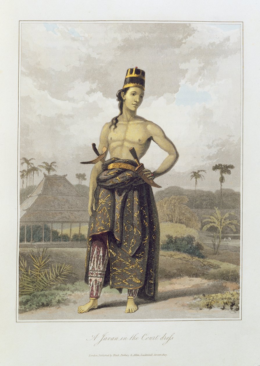 Egy Javan in Court Dress, pl. 6 Thomas Stamford Bingley Raffles (1781-1826) „The History of Java” című publikációjának I. kötetéből. 1817 (színes akvatinta) alkotó: William Daniell