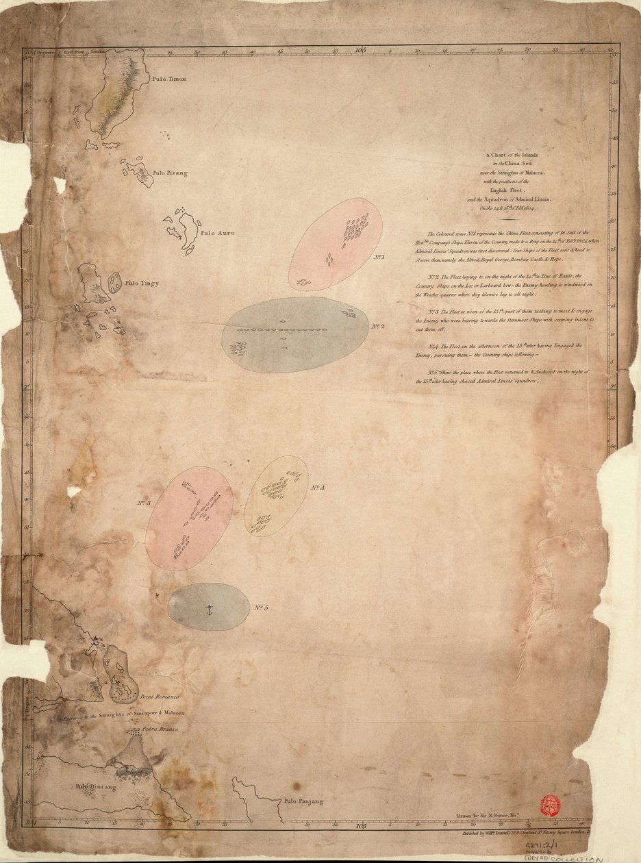 "A Malakkai-szoros közelében lévő kínai-tengeri szigetek térképe az angol flotta és Linois admirális hajórajának 1804. február 14-i és 15-i helyzetével. alkotó: William Daniell