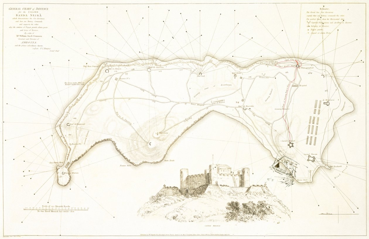 Banda Neira szigetének általános védelmi térképe, 19. század eleje (színes metszet) alkotó: William Daniell